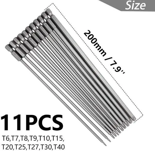Alt view image 2 of 7 - 11pcs 200mm Extra Long Torx Screwdriver Bit Set, Magnetic Head S2 Steel Star Screw Driver Drill Bits 1/4" Hex Shank Tamper Proof Security Bit Set (T6-T40)