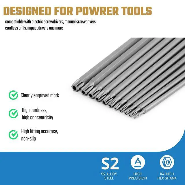 Alt view image 2 of 6 - 11PCS Long Security Torx Bit Sets, Extended Star Bit Sets, Tamper Proof, T6-T40, 1/4 Inch Hex Shank, 6 Inch Length, S2 Alloy Steel, Magnetic Tip, for Power Screwdriver Drill Impact Driver