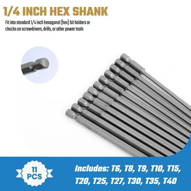 Alt view image 3 of 6 - 11PCS Long Security Torx Bit Sets, Extended Star Bit Sets, Tamper Proof, T6-T40, 1/4 Inch Hex Shank, 6 Inch Length, S2 Alloy Steel, Magnetic Tip, for Power Screwdriver Drill Impact Driver