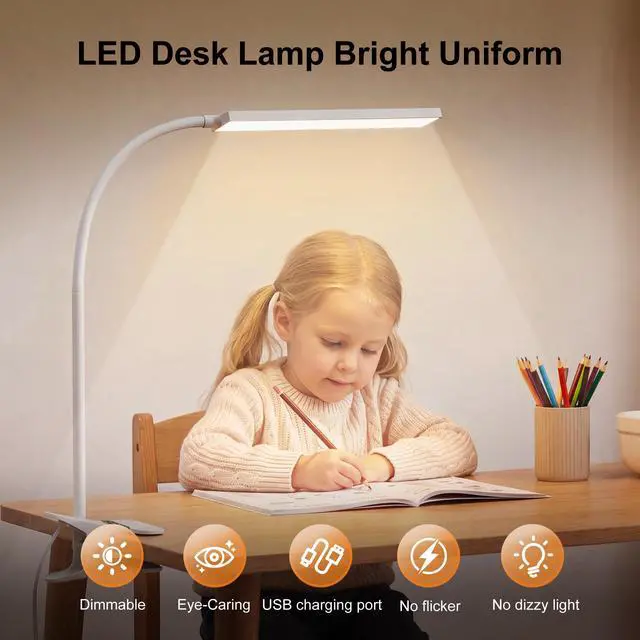 Alt view image 3 of 7 - Clip on Light LED Desk Lamp with Metal Clip, 6 Level Brightness 3 Color Modes, Power by USB Port 5W Adjustable Neck Eye-Caring Reading Light for Home and Office, White