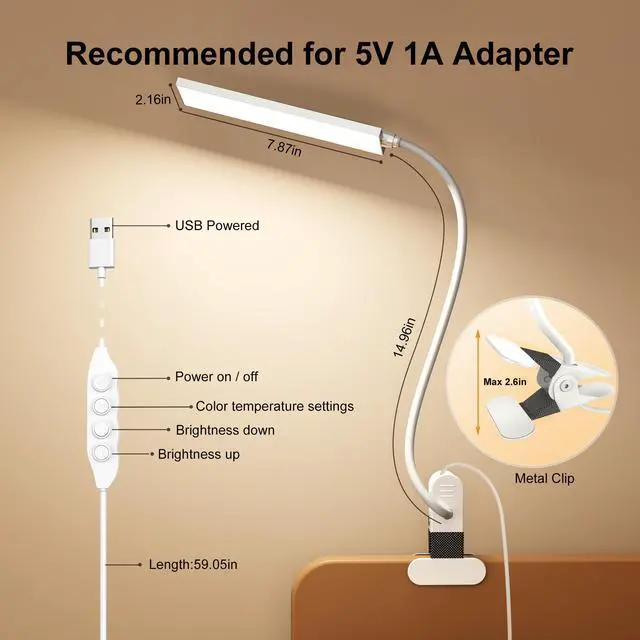 Alt view image 4 of 7 - Clip on Light LED Desk Lamp with Metal Clip, 6 Level Brightness 3 Color Modes, Power by USB Port 5W Adjustable Neck Eye-Caring Reading Light for Home and Office, White