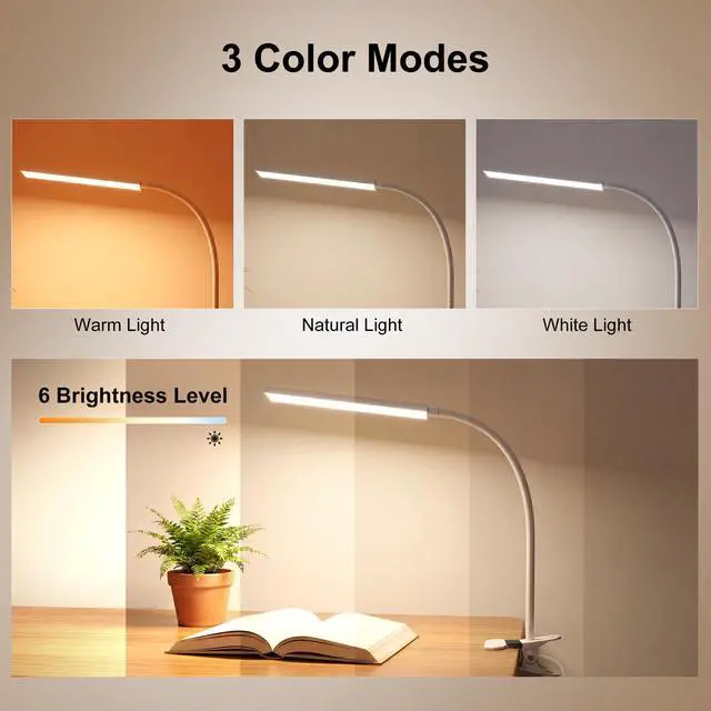 Alt view image 5 of 7 - Clip on Light LED Desk Lamp with Metal Clip, 6 Level Brightness 3 Color Modes, Power by USB Port 5W Adjustable Neck Eye-Caring Reading Light for Home and Office, White