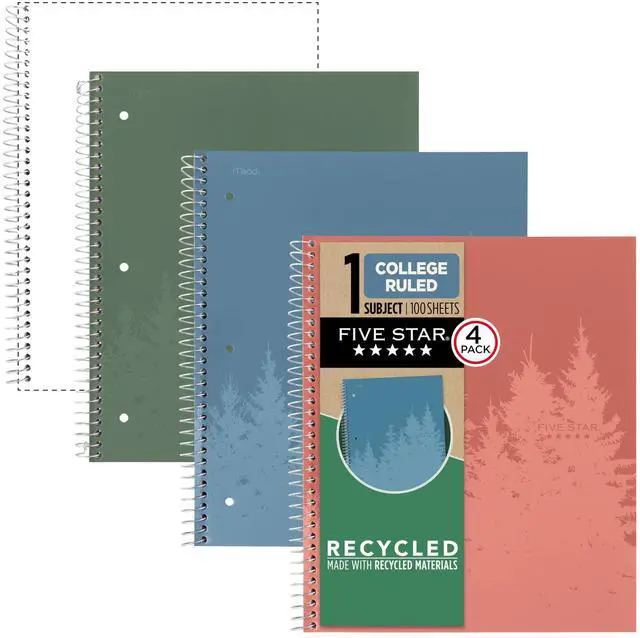 Main image of Spiral Notebook + Study App, 4 Pack, 1 Subject, Recycled College Ruled Paper, 8-1/2" x 11", 100 Sheets, Fights Ink Bleed, Includes 3 Colors + 1 Randomly Selected Color (820046-ECM24)
