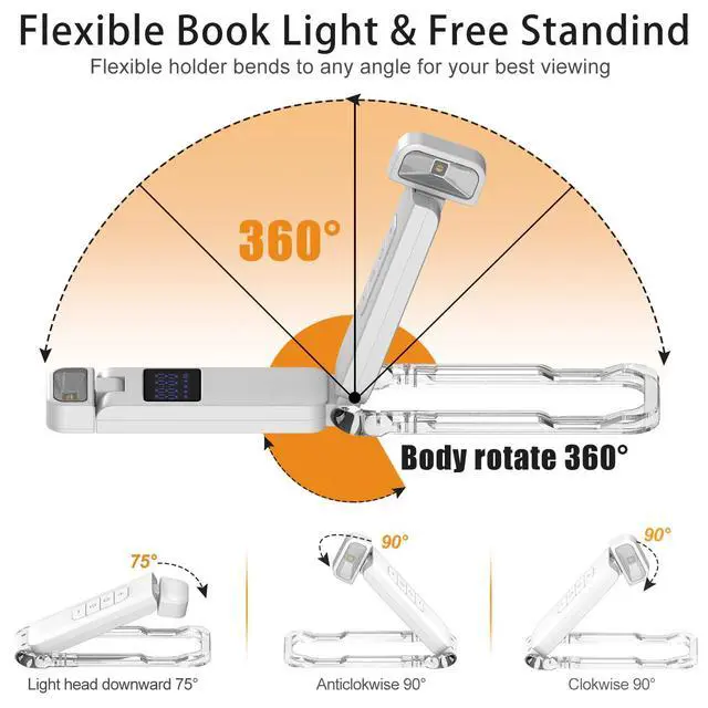Alt view image 3 of 6 - Digital Book Lights for Reading at Night, USB Rechargeable Reading Lights for Books in Bed Clip-on, 3 Colors & 5 Brightness Dimmable, Compact & 80H Long Lasting for Book Lovers, Kids, White