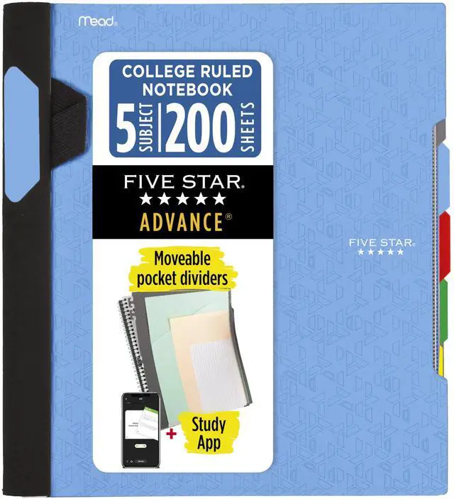 Main image of Advance Spiral Notebook + Study App, 5 Subject, College Ruled Paper, 8-1/2" x 11", 200 Sheets, Spiral Guard, Movable Tabbed Dividers, Pacific Blue (73150)