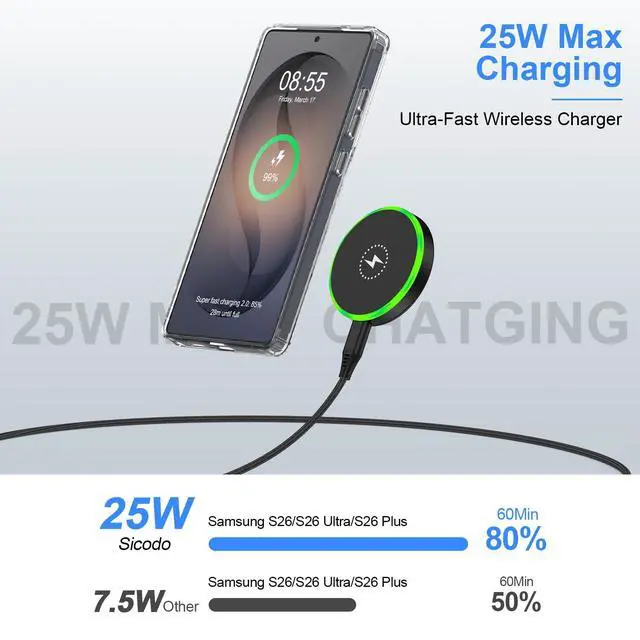 Alt view image 3 of 7 - 25W Magnetic Wireless Charger Android for Samsung Galaxy S26 Ultra/S25/S24/S23/S22/S21/S20, Magsafe Charger for iPhone 17/16/15/14/13/12 Series, Wireless Super Fast Charging Pad for Google Pixel 10A