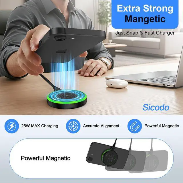 Alt view image 4 of 7 - 25W Magnetic Wireless Charger Android for Samsung Galaxy S26 Ultra/S25/S24/S23/S22/S21/S20, Magsafe Charger for iPhone 17/16/15/14/13/12 Series, Wireless Super Fast Charging Pad for Google Pixel 10A