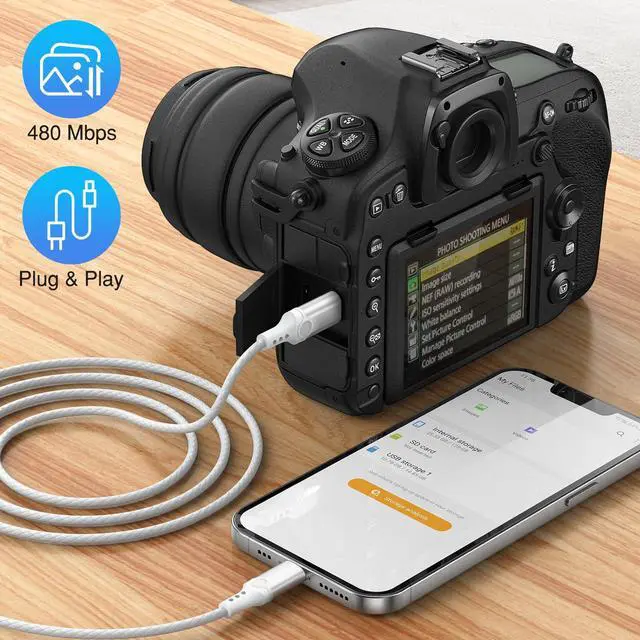 Alt view image 2 of 7 - for Lightning to USB C Camera Adapter Cable MFi-Certified for iPhone 14 13 12 11 XR Import Photos Videos USB Type-C DSLR Camera OTG Cable for Nikon Z6 Z62/Canon R3 R5/Sony A1 A5R Braided Cord 3.3ft