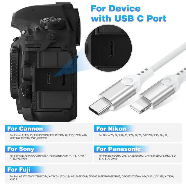 Alt view image 4 of 7 - for Lightning to USB C Camera Adapter Cable MFi-Certified for iPhone 14 13 12 11 XR Import Photos Videos USB Type-C DSLR Camera OTG Cable for Nikon Z6 Z62/Canon R3 R5/Sony A1 A5R Braided Cord 3.3ft
