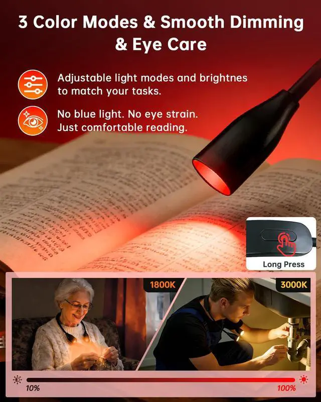 Alt view image 4 of 7 - 670nm Red Neck Light Book Light for Reading in Bed,3 Color Temperatures Dimmable USB Rechargeable Clip On Red Night Light for Sleep,Eye Comfort,Portable Booklight for Reading, Crafts, Knitting