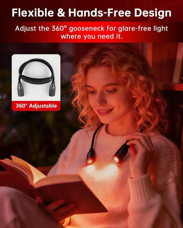 Alt view image 5 of 7 - 670nm Red Neck Light Book Light for Reading in Bed,3 Color Temperatures Dimmable USB Rechargeable Clip On Red Night Light for Sleep,Eye Comfort,Portable Booklight for Reading, Crafts, Knitting