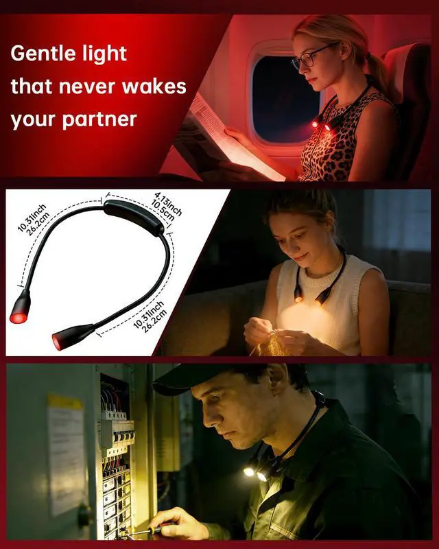 Alt view image 7 of 7 - 670nm Red Neck Light Book Light for Reading in Bed,3 Color Temperatures Dimmable USB Rechargeable Clip On Red Night Light for Sleep,Eye Comfort,Portable Booklight for Reading, Crafts, Knitting