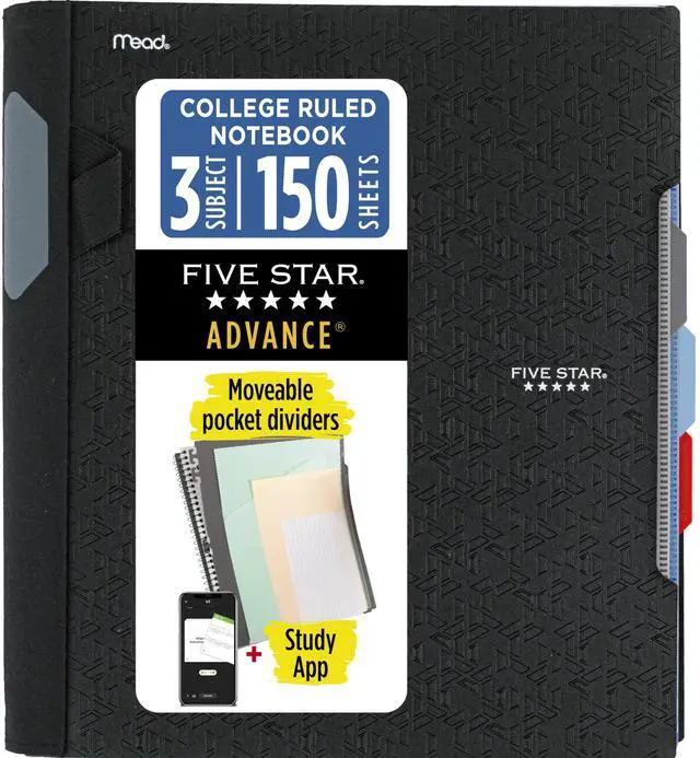 Main image of Advance Spiral Notebook + Study App, 3 Subject, College Ruled Paper, 8-1/2" x 11", 150 Sheets, Spiral Guard, Movable Tabbed Dividers, Black (73132)