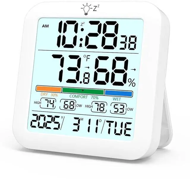 Main image of Mini Digital Indoor Thermometer Hygrometer Clock, Room Temperature Humidity Monitor with Calibration, Backlight, Air Comfort Indicator, 24H Max Min Record, Time, Alarm for Home (Size3.2"x 3.2")