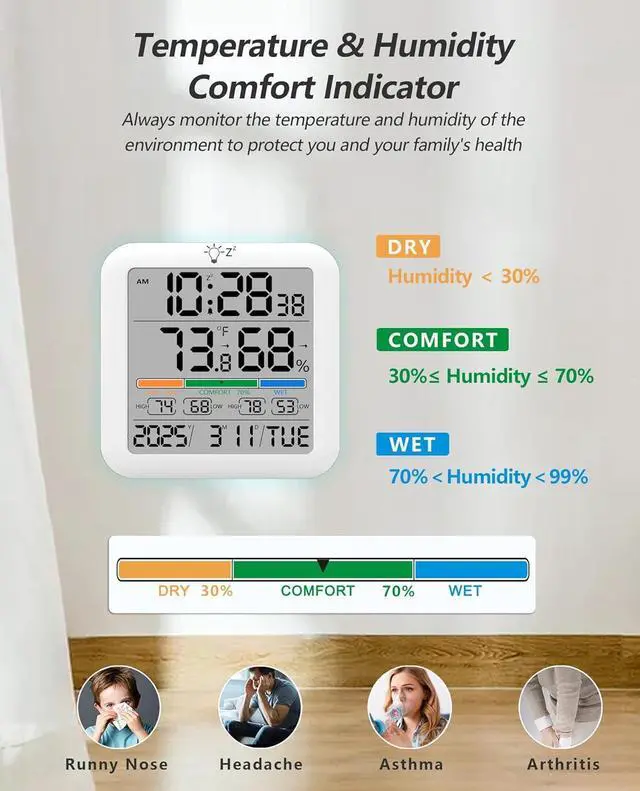 Alt view image 3 of 7 - Mini Digital Indoor Thermometer Hygrometer Clock, Room Temperature Humidity Monitor with Calibration, Backlight, Air Comfort Indicator, 24H Max Min Record, Time, Alarm for Home (Size3.2"x 3.2")