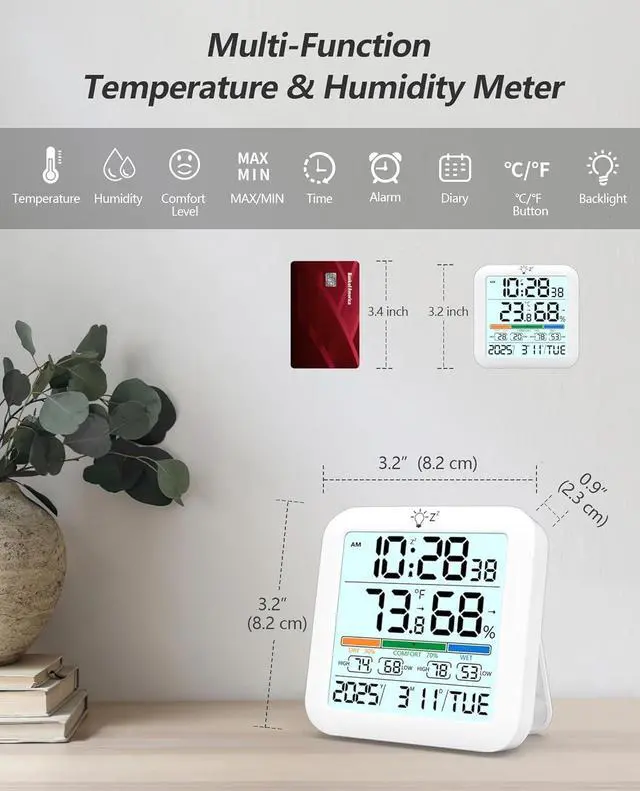Alt view image 2 of 7 - Mini Digital Indoor Thermometer Hygrometer Clock, Room Temperature Humidity Monitor with Calibration, Backlight, Air Comfort Indicator, 24H Max Min Record, Time, Alarm for Home (Size3.2"x 3.2")