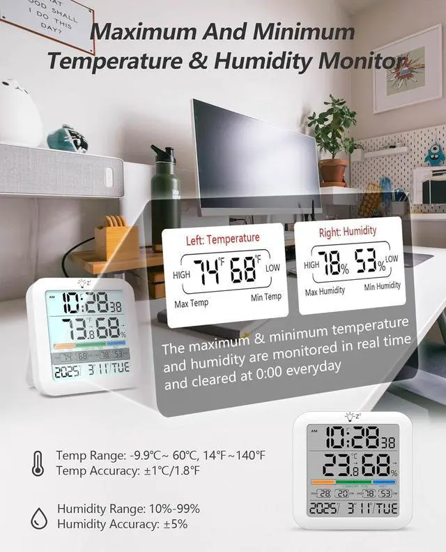 Alt view image 4 of 7 - Mini Digital Indoor Thermometer Hygrometer Clock, Room Temperature Humidity Monitor with Calibration, Backlight, Air Comfort Indicator, 24H Max Min Record, Time, Alarm for Home (Size3.2"x 3.2")