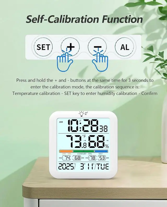 Alt view image 5 of 7 - Mini Digital Indoor Thermometer Hygrometer Clock, Room Temperature Humidity Monitor with Calibration, Backlight, Air Comfort Indicator, 24H Max Min Record, Time, Alarm for Home (Size3.2"x 3.2")