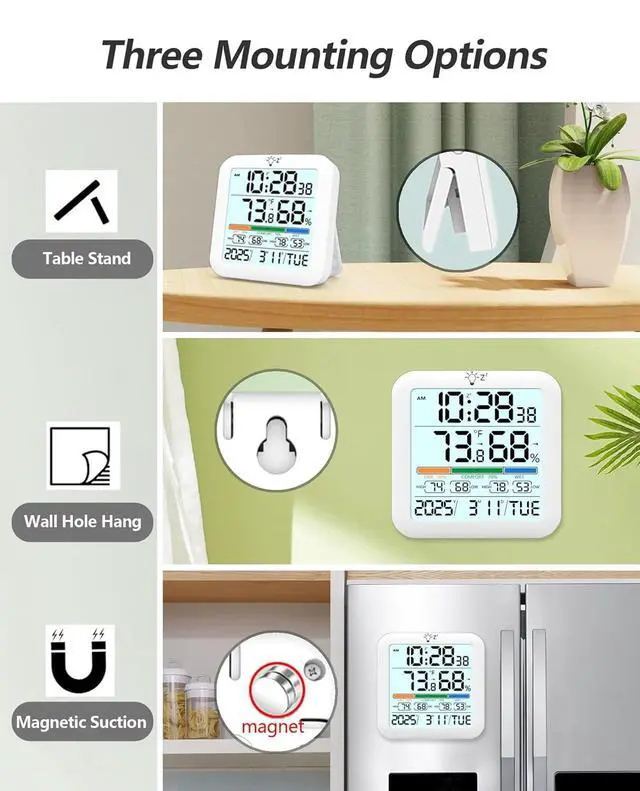Alt view image 6 of 7 - Mini Digital Indoor Thermometer Hygrometer Clock, Room Temperature Humidity Monitor with Calibration, Backlight, Air Comfort Indicator, 24H Max Min Record, Time, Alarm for Home (Size3.2"x 3.2")