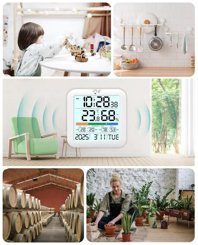 Alt view image 7 of 7 - Mini Digital Indoor Thermometer Hygrometer Clock, Room Temperature Humidity Monitor with Calibration, Backlight, Air Comfort Indicator, 24H Max Min Record, Time, Alarm for Home (Size3.2"x 3.2")