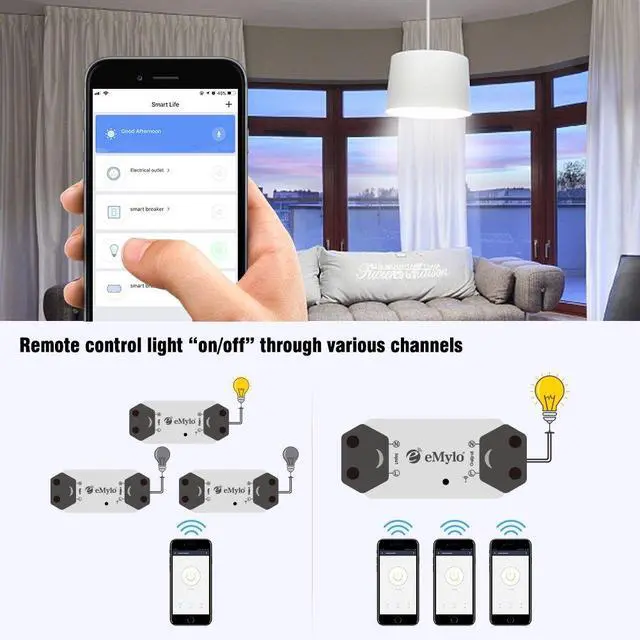 Alt view image 4 of 5 - WiFi Smart Switch eMylo Wireless Relay Light Switch Tuya Remote Control Module Home Automation Timer Switch Compatible with Alexa Echo Google Home iPhone Android App 1 Pack