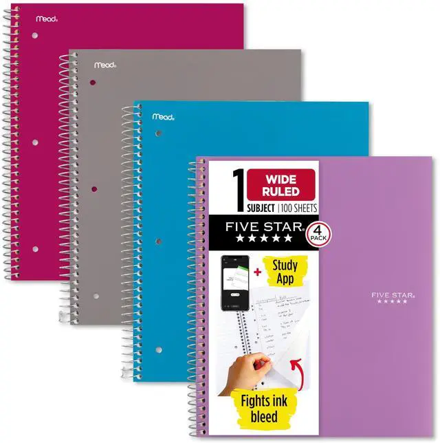 Main image of Spiral Notebook + Study App, 4 Pack, 1 Subject, Wide Ruled Paper, 8" x 10-1/2", 100 Sheets, Fights Ink Bleed, Water Resistant Cover, Purple, Pink, Gray and Blue (930105-ECM)
