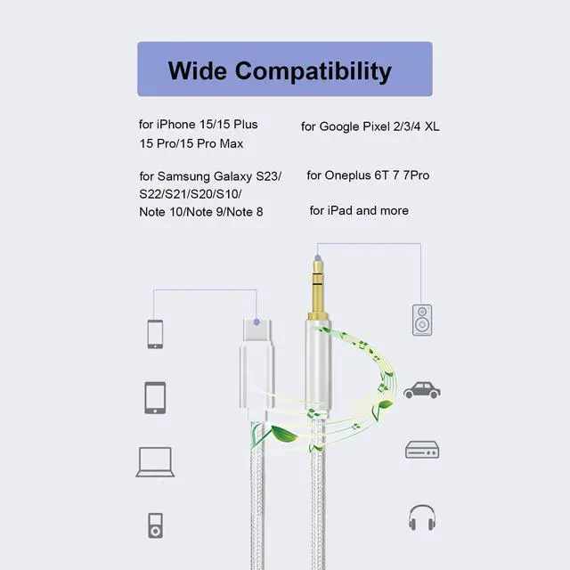 Alt view image 3 of 5 - USB C to 3.5mm Car Aux Cord Fit for iPhone 16 Pro Max/15 Plus/15 Pro Max