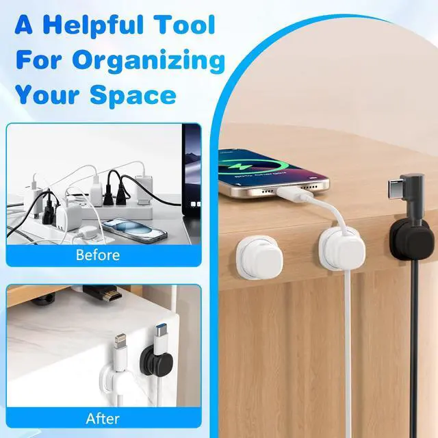 Alt view image 2 of 7 - 6 Pcs Magnetic Cord Organizer Holder,Magnetic Cable Clips,Cord Holder,Under Desk Cable Management, for Nightstand Home Office Desk Car Phone Wall Desktop (BLACK)