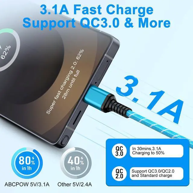 Alt view image 3 of 7 - USB C Charger Cord Fast Charging Cable for iPhone 17 Pro Max 17e Air 16e 16 Pro Max 16 Plus 16 Pro 15, 2Pack 6FT 3.1A USB Type Phone Power Cords 6 Feet Car Android Charger Cable for Samsung Galaxy S26