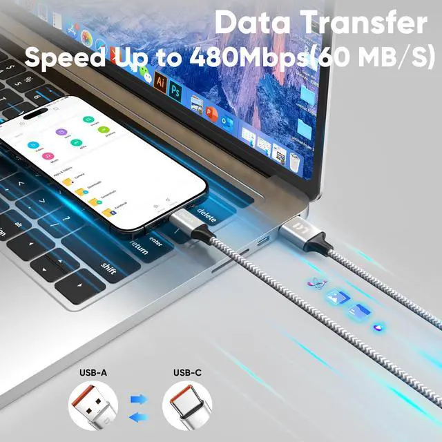 Alt view image 3 of 7 - USB A to C Cable 6ft 2-Pack, 18W Charging & 480Mbps Data Transfer, USB-A to USB-C Braided Cord for CarPlay, iPhone 17/16/15, iPad Pro 12.9/11, iPad Air 5th/4th Gen, iPad mini 6th, Android Phones etc.