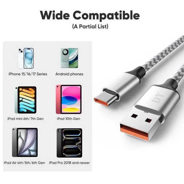 Alt view image 4 of 7 - USB A to C Cable 6ft 2-Pack, 18W Charging & 480Mbps Data Transfer, USB-A to USB-C Braided Cord for CarPlay, iPhone 17/16/15, iPad Pro 12.9/11, iPad Air 5th/4th Gen, iPad mini 6th, Android Phones etc.