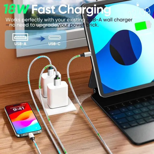 Alt view image 2 of 7 - USB A to C Cable 6ft 2-Pack, 18W Charging & 480Mbps Data Transfer, USB-A to USB-C Braided Cord for CarPlay, iPhone 17/16/15, iPad Pro 12.9/11, iPad Air 5th/4th Gen, iPad mini 6th, Android Phones etc.