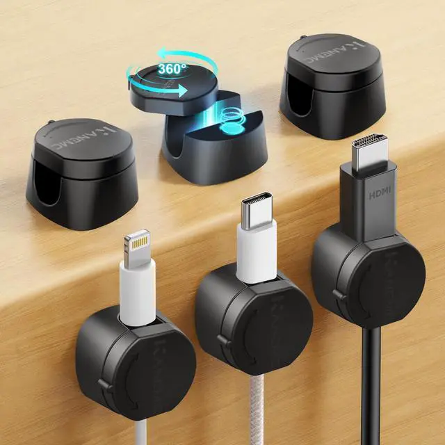 Main image of Cable Clips Cord Holder for Desk, 360° Spin Magnetic Wire Organizer Self Adhesive Cord Management for Office Desks Cars Home Kitchen Electronic Accessory (Black, 6 PCS)