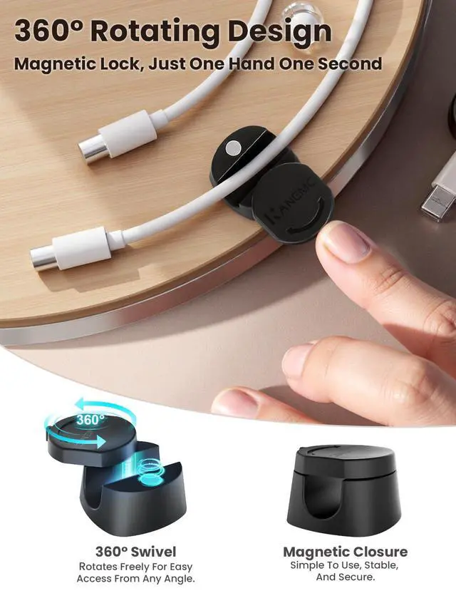 Alt view image 2 of 7 - Cable Clips Cord Holder for Desk, 360° Spin Magnetic Wire Organizer Self Adhesive Cord Management for Office Desks Cars Home Kitchen Electronic Accessory (Black, 6 PCS)