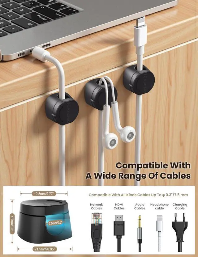 Alt view image 3 of 7 - Cable Clips Cord Holder for Desk, 360° Spin Magnetic Wire Organizer Self Adhesive Cord Management for Office Desks Cars Home Kitchen Electronic Accessory (Black, 6 PCS)