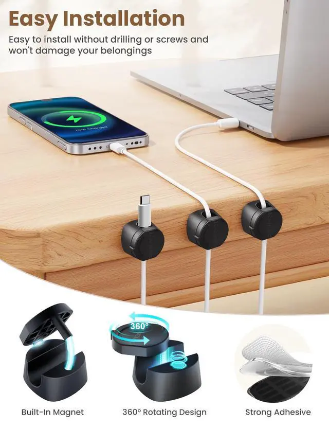Alt view image 5 of 7 - Cable Clips Cord Holder for Desk, 360° Spin Magnetic Wire Organizer Self Adhesive Cord Management for Office Desks Cars Home Kitchen Electronic Accessory (Black, 6 PCS)
