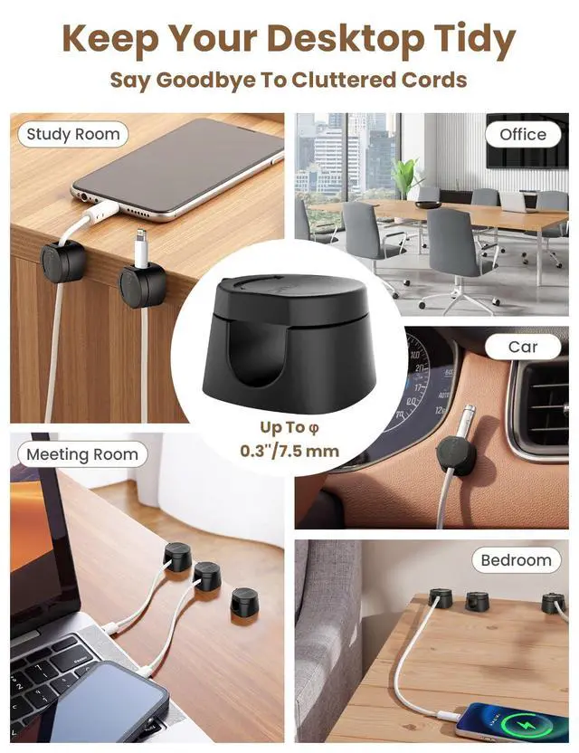 Alt view image 7 of 7 - Cable Clips Cord Holder for Desk, 360° Spin Magnetic Wire Organizer Self Adhesive Cord Management for Office Desks Cars Home Kitchen Electronic Accessory (Black, 6 PCS)