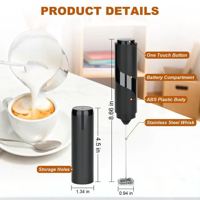Alt view image 3 of 7 - Handheld Milk Frother, Battery Operated Electric Foam Maker, Milk Frother Wand Drink Mixer with Stainless Steel Whisk for Coffee, Matcha, Lattes, Cappuccino (Black with cover)