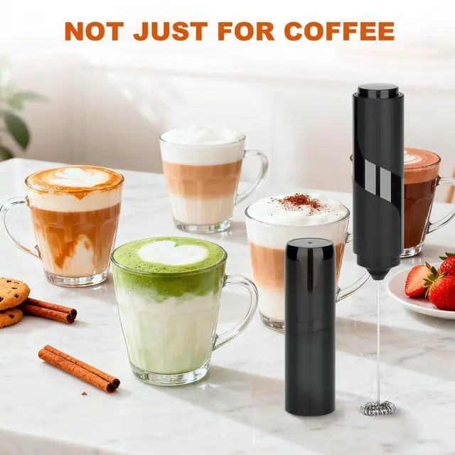 Alt view image 7 of 7 - Handheld Milk Frother, Battery Operated Electric Foam Maker, Milk Frother Wand Drink Mixer with Stainless Steel Whisk for Coffee, Matcha, Lattes, Cappuccino (Black with cover)