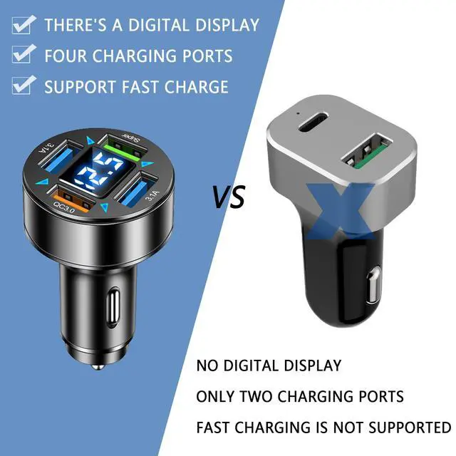 Alt view image 3 of 7 - 66W Fast Car Charger,4 Ports Cigarette Lighter USB Charger with LED Voltmeter,QC3.0/Super Port Car Charger Adapter Fast Charging,Compatible with Android/Samsung Galaxy/iPad