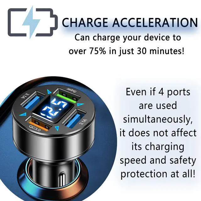 Alt view image 5 of 7 - 66W Fast Car Charger,4 Ports Cigarette Lighter USB Charger with LED Voltmeter,QC3.0/Super Port Car Charger Adapter Fast Charging,Compatible with Android/Samsung Galaxy/iPad