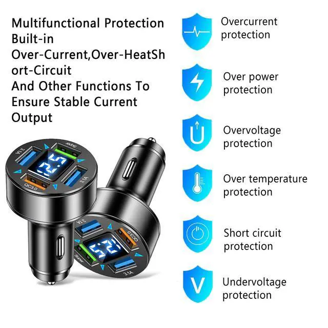 Alt view image 6 of 7 - 66W Fast Car Charger,4 Ports Cigarette Lighter USB Charger with LED Voltmeter,QC3.0/Super Port Car Charger Adapter Fast Charging,Compatible with Android/Samsung Galaxy/iPad
