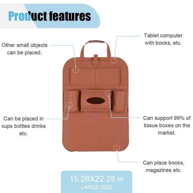 Alt view image 4 of 6 - Felt Car Seat Back Organizer, Kick Mats Car Back Seat Protector for Kids, 6-Pocket Storage for Tissue, Box, Pen, Toy, Automobile Road Trip Accessories for SUV, RV, Truck (Brown)