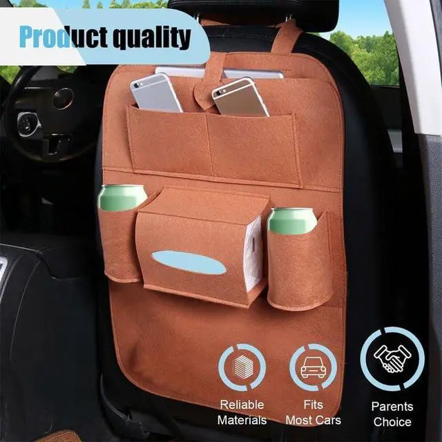 Alt view image 6 of 6 - Felt Car Seat Back Organizer, Kick Mats Car Back Seat Protector for Kids, 6-Pocket Storage for Tissue, Box, Pen, Toy, Automobile Road Trip Accessories for SUV, RV, Truck (Brown)