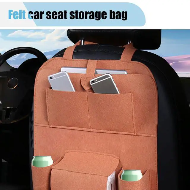 Alt view image 5 of 6 - Felt Car Seat Back Organizer, Kick Mats Car Back Seat Protector for Kids, 6-Pocket Storage for Tissue, Box, Pen, Toy, Automobile Road Trip Accessories for SUV, RV, Truck (Brown)