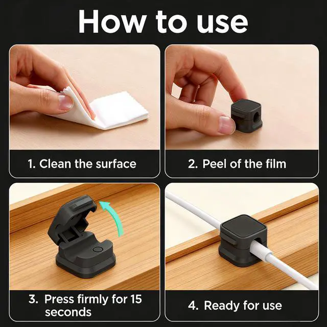 Alt view image 3 of 7 - 8 Pack Magnetic Cord Organizer, Easy Secure Adhesive Black Cable Management,Wire Holder Keeper Organizer Management,Hide or Organize Phone USB Charger Cable for Home,Office,Car,Desk,Nightstand.