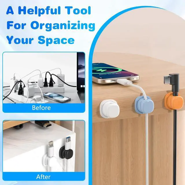 Alt view image 2 of 7 - 6Pcs Magnetic Cord Organizer Holder,Cord Holder for Nightstand,360° Rotatable Spring Cable Management,Adhesive Wire Cable Clips Management Kit for Phone Charger,Computer,Office,Desk,Nightstand (Black)