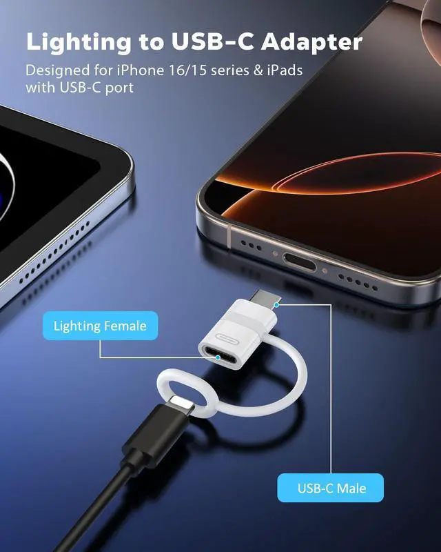 Alt view image 2 of 7 - 60W Lightning to USB C Adapter for iPhone 17 Air 16 15 Pro Max Plus, iPad Pro/Air, Galaxy S25 S24, 4 Pack USB-C to Lightning Adapter with PD Fast Charging, Not for Headphone/OTG, White