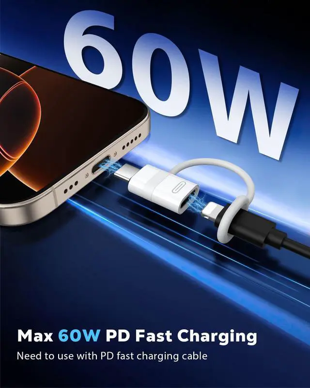 Alt view image 4 of 7 - 60W Lightning to USB C Adapter for iPhone 17 Air 16 15 Pro Max Plus, iPad Pro/Air, Galaxy S25 S24, 4 Pack USB-C to Lightning Adapter with PD Fast Charging, Not for Headphone/OTG, White