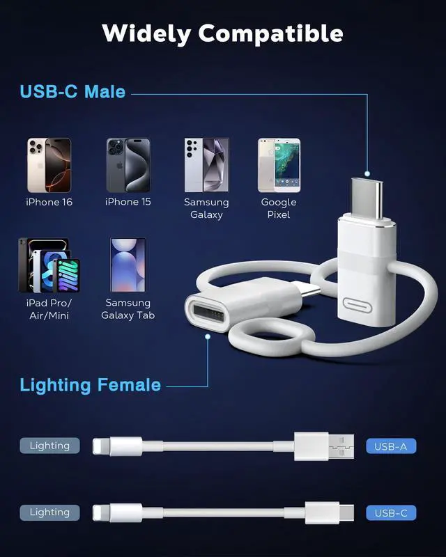 Alt view image 7 of 7 - 60W Lightning to USB C Adapter for iPhone 17 Air 16 15 Pro Max Plus, iPad Pro/Air, Galaxy S25 S24, 4 Pack USB-C to Lightning Adapter with PD Fast Charging, Not for Headphone/OTG, White